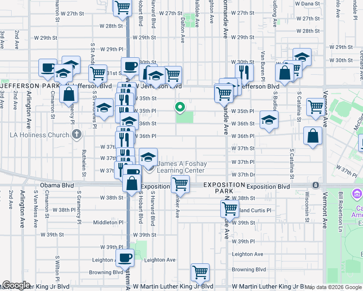 map of restaurants, bars, coffee shops, grocery stores, and more near 1514 West 36th Place in Los Angeles