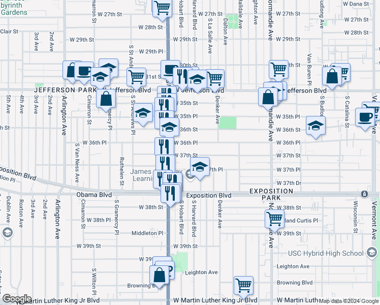 map of restaurants, bars, coffee shops, grocery stores, and more near 1610 West 36th Place in Los Angeles