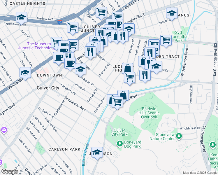 map of restaurants, bars, coffee shops, grocery stores, and more near 9065 Lucerne Avenue in Culver City