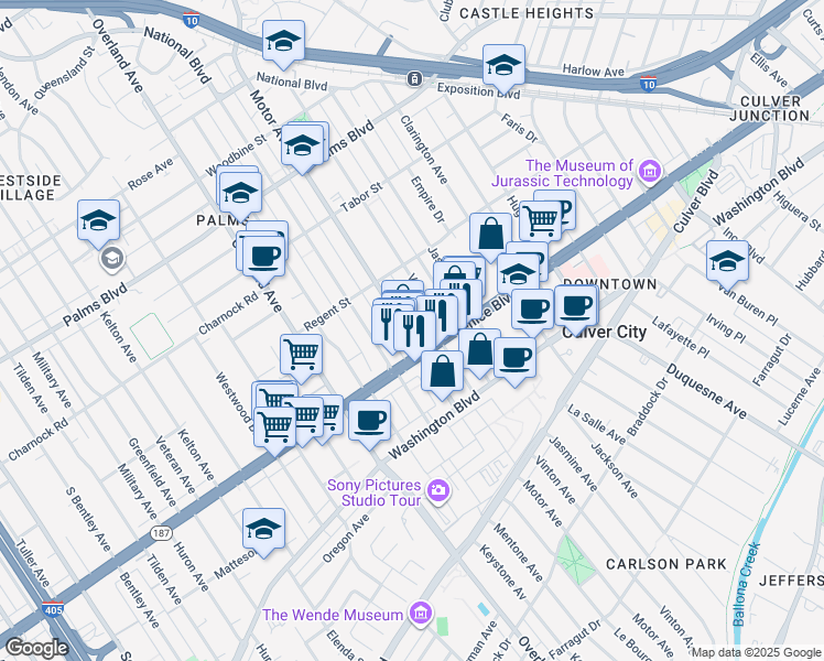 map of restaurants, bars, coffee shops, grocery stores, and more near 3760 Motor Avenue in Los Angeles