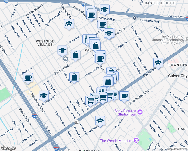 map of restaurants, bars, coffee shops, grocery stores, and more near 10752 Charnock Road in Los Angeles