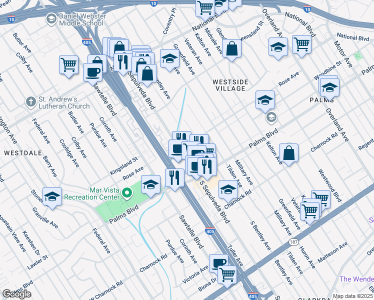 map of restaurants, bars, coffee shops, grocery stores, and more near 11140 Rose Avenue in Los Angeles