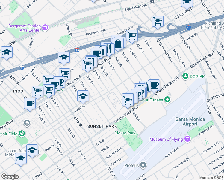 map of restaurants, bars, coffee shops, grocery stores, and more near 2433 28th Street in Santa Monica