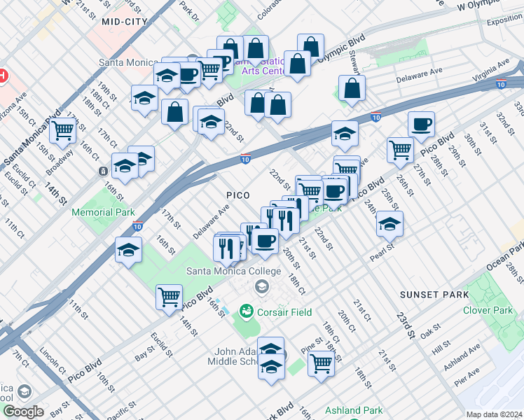 map of restaurants, bars, coffee shops, grocery stores, and more near 2035 Virginia Avenue in Santa Monica