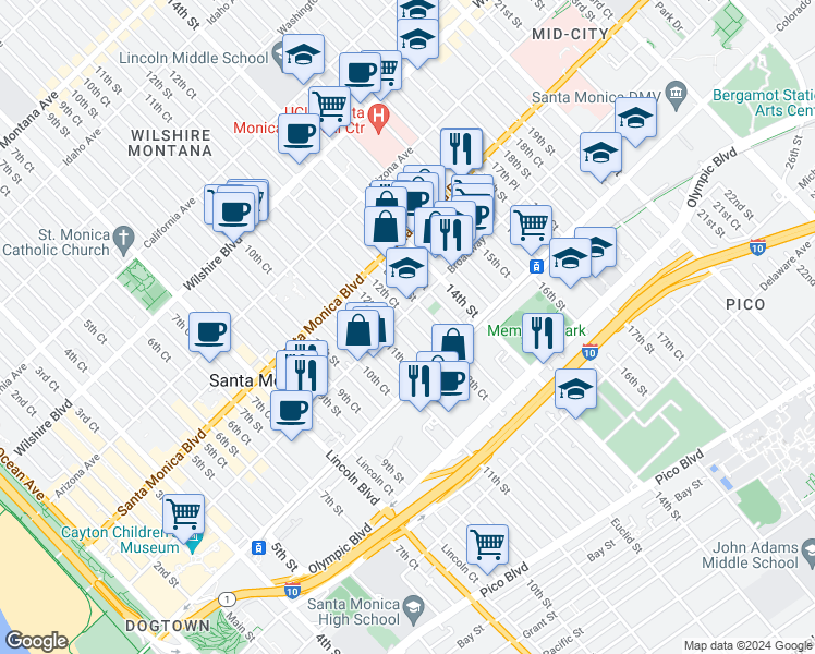 map of restaurants, bars, coffee shops, grocery stores, and more near 1512 Euclid Street in Santa Monica