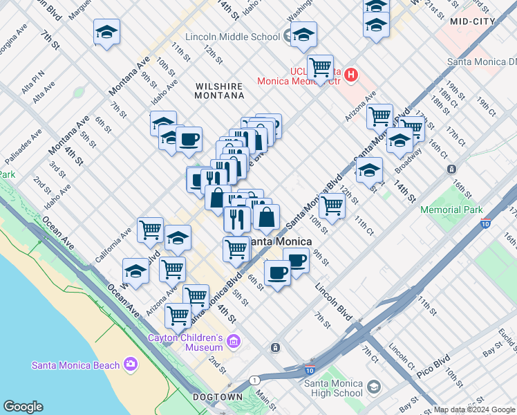 map of restaurants, bars, coffee shops, grocery stores, and more near 1264 Lincoln Court in Santa Monica