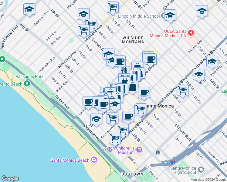 map of restaurants, bars, coffee shops, grocery stores, and more near 1133 6th Street in Santa Monica