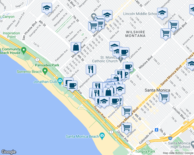 map of restaurants, bars, coffee shops, grocery stores, and more near 1002 4th Street in Santa Monica