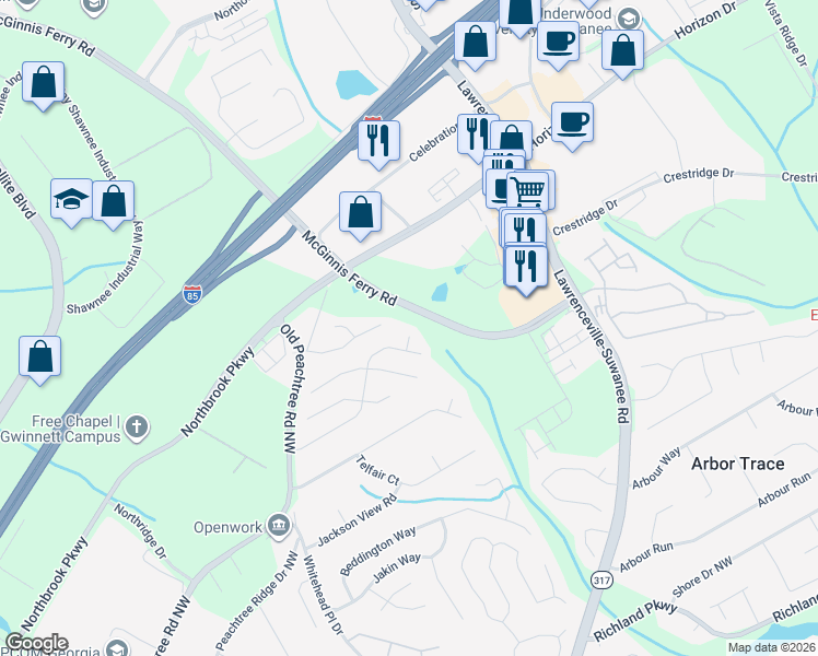 map of restaurants, bars, coffee shops, grocery stores, and more near 2834 White Blossom Court in Suwanee