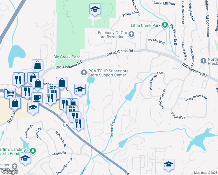 map of restaurants, bars, coffee shops, grocery stores, and more near 1360 Terramont Drive in Roswell