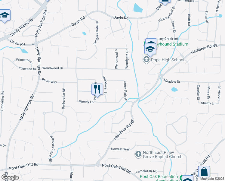 map of restaurants, bars, coffee shops, grocery stores, and more near 2905 Hill Park Court in Marietta
