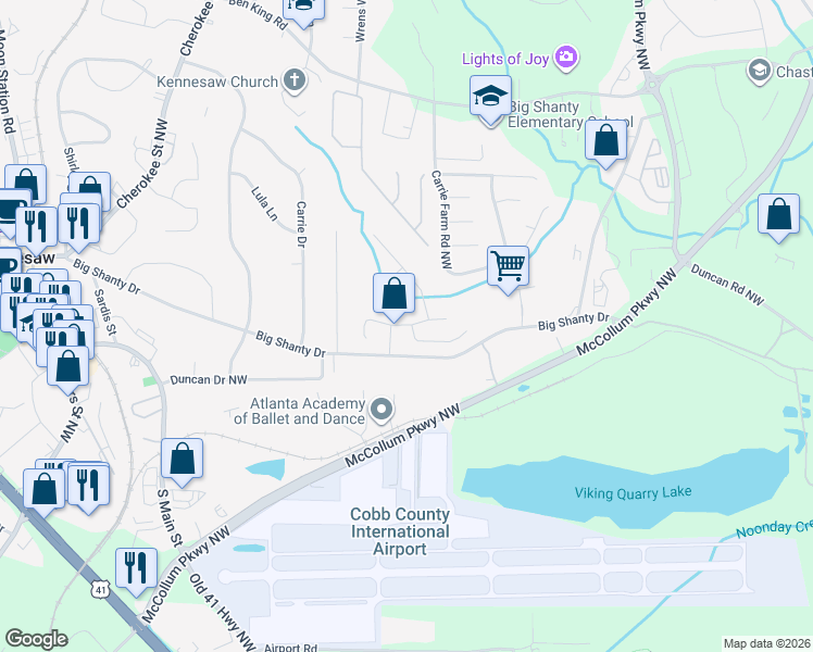 map of restaurants, bars, coffee shops, grocery stores, and more near English Ivey Lane in Kennesaw