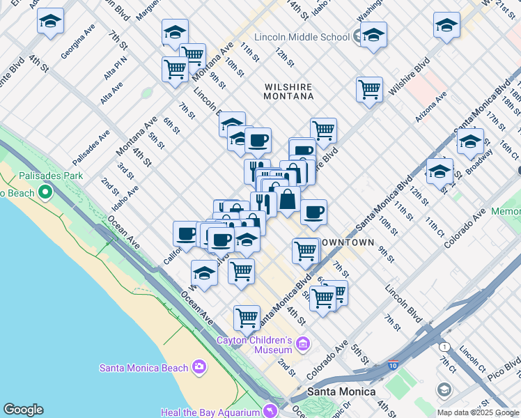 map of restaurants, bars, coffee shops, grocery stores, and more near 1147 6th Street in Santa Monica
