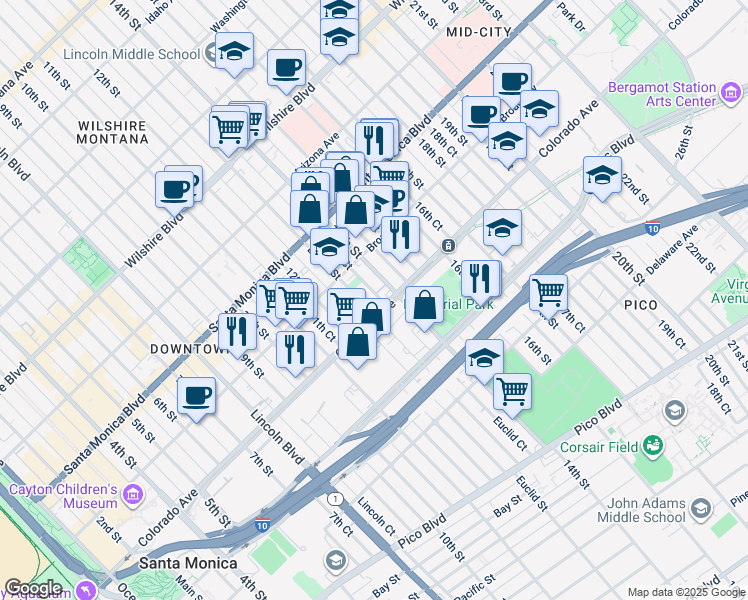 map of restaurants, bars, coffee shops, grocery stores, and more near 1543 Euclid Court in Santa Monica