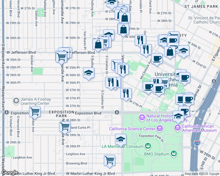 map of restaurants, bars, coffee shops, grocery stores, and more near 1147 West 37th Street in Los Angeles