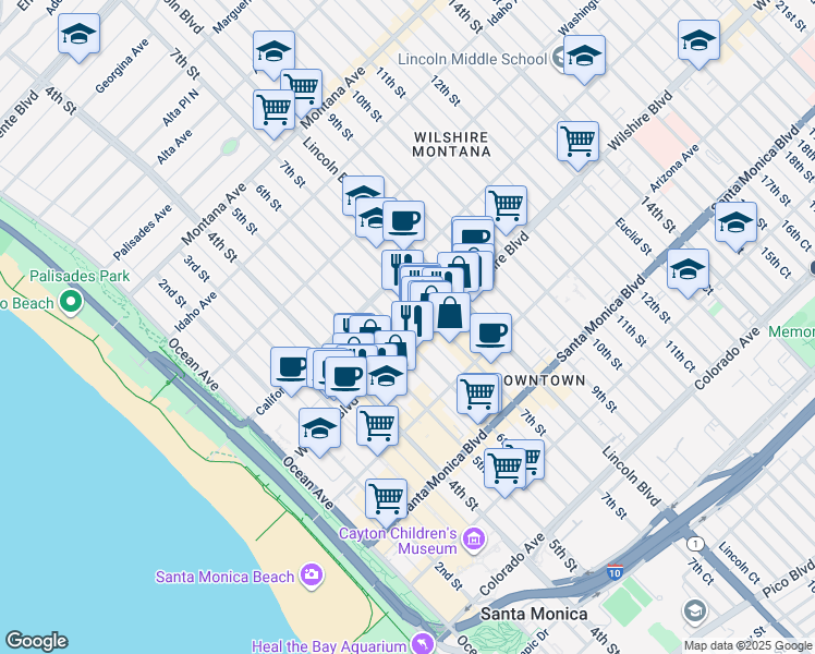 map of restaurants, bars, coffee shops, grocery stores, and more near 1133 6th Street in Santa Monica