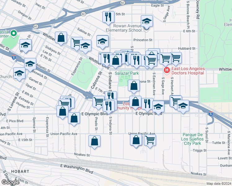 map of restaurants, bars, coffee shops, grocery stores, and more near 1049 South Alma Avenue in Los Angeles
