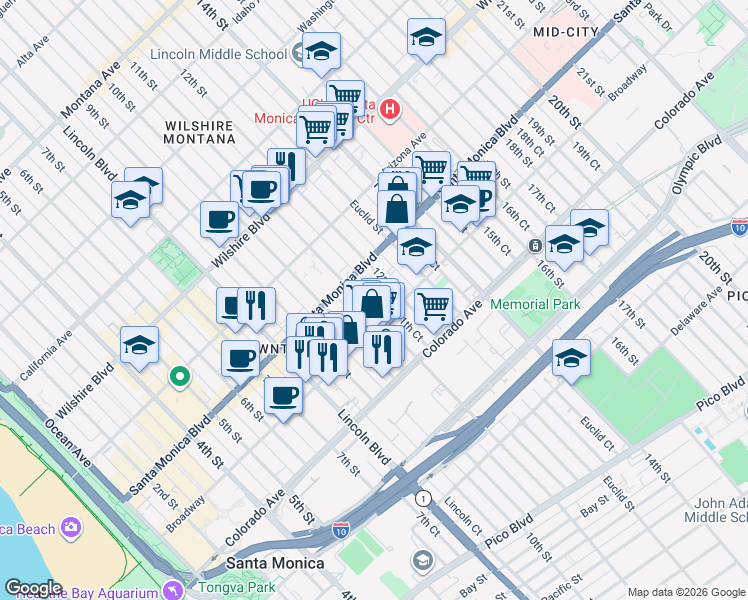 map of restaurants, bars, coffee shops, grocery stores, and more near 1437 11th Street in Santa Monica
