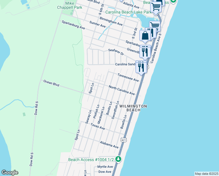 map of restaurants, bars, coffee shops, grocery stores, and more near 1309 Mackerel Lane in Carolina Beach