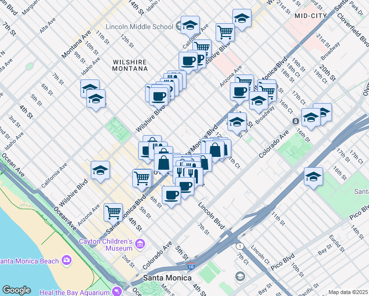 map of restaurants, bars, coffee shops, grocery stores, and more near 1348 10th Street in Santa Monica