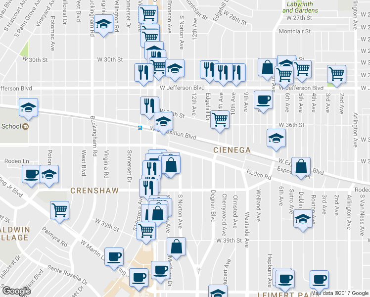 map of restaurants, bars, coffee shops, grocery stores, and more near 3317 Rodeo Road in Los Angeles