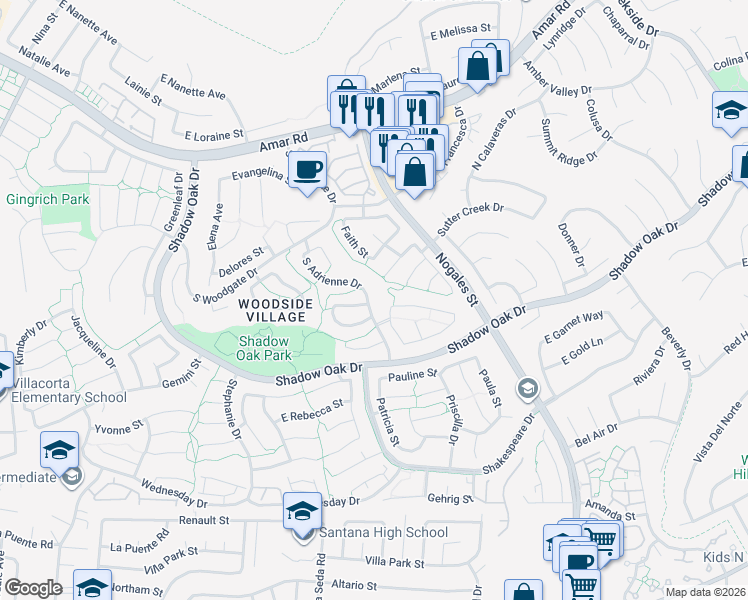 map of restaurants, bars, coffee shops, grocery stores, and more near 3104 South Adrienne Drive in West Covina