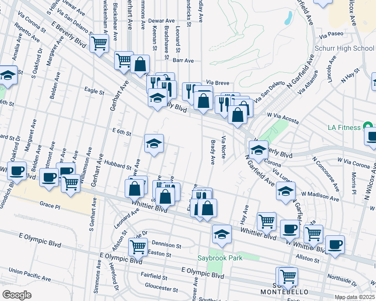 map of restaurants, bars, coffee shops, grocery stores, and more near 417 Findlay Avenue in Montebello