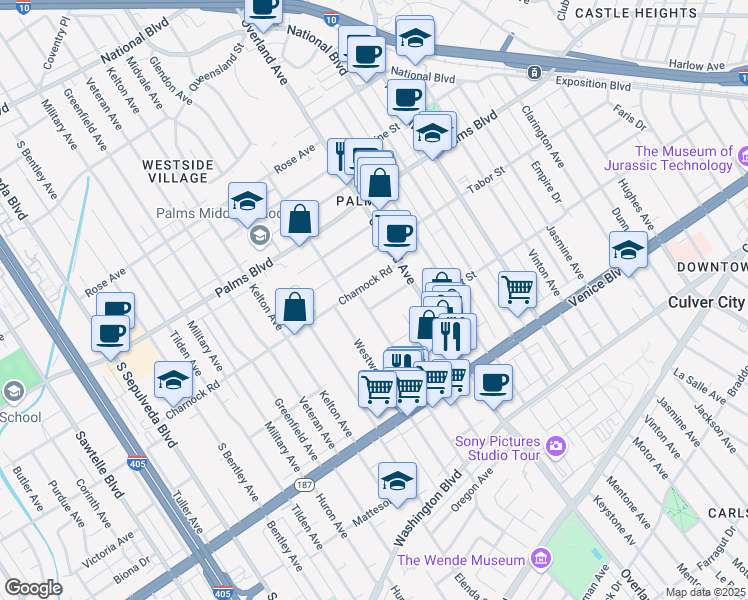 map of restaurants, bars, coffee shops, grocery stores, and more near 10749 Francis Place in Los Angeles