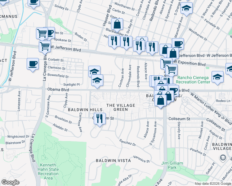 map of restaurants, bars, coffee shops, grocery stores, and more near 301 Village Green Court 14 in Los Angeles