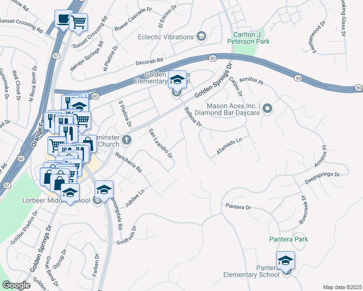 map of restaurants, bars, coffee shops, grocery stores, and more near 23860 Enriquez Drive in Diamond Bar