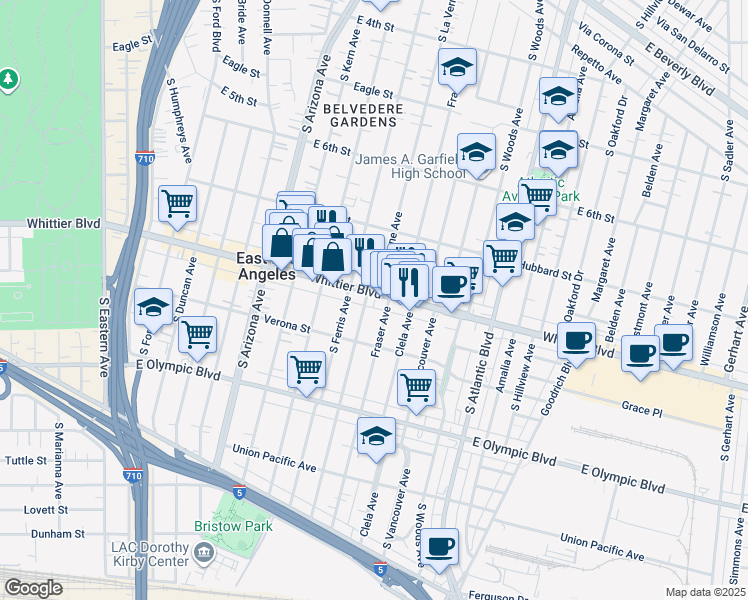 map of restaurants, bars, coffee shops, grocery stores, and more near 4941 Whittier Boulevard in East Los Angeles