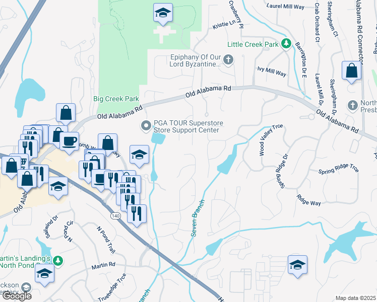 map of restaurants, bars, coffee shops, grocery stores, and more near 1360 Terramont Drive in Roswell