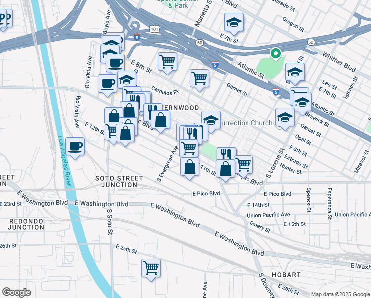 map of restaurants, bars, coffee shops, grocery stores, and more near 3018 East Olympic Boulevard in Los Angeles