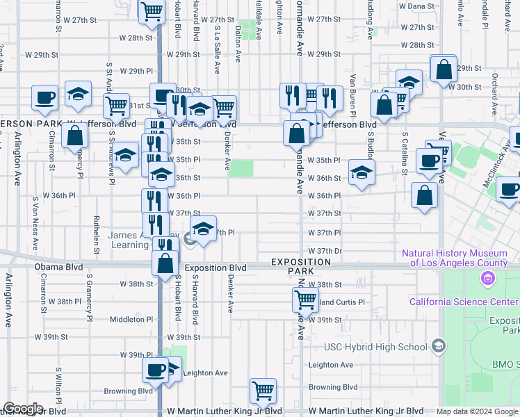 map of restaurants, bars, coffee shops, grocery stores, and more near 1481 West 37th Street in Los Angeles