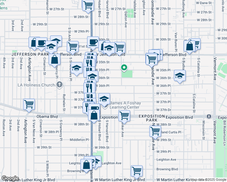 map of restaurants, bars, coffee shops, grocery stores, and more near 1610 West 36th Place in Los Angeles
