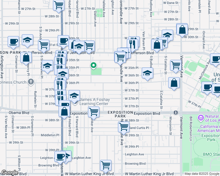 map of restaurants, bars, coffee shops, grocery stores, and more near 1458 West 37th Street in Los Angeles
