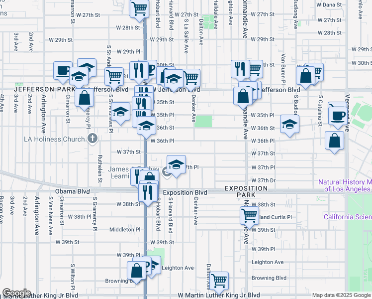 map of restaurants, bars, coffee shops, grocery stores, and more near 1575 West 37th Street in Los Angeles
