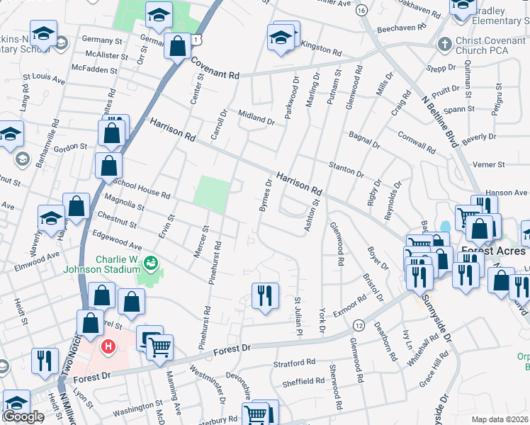 map of restaurants, bars, coffee shops, grocery stores, and more near 2331 Wesley Drive in Columbia