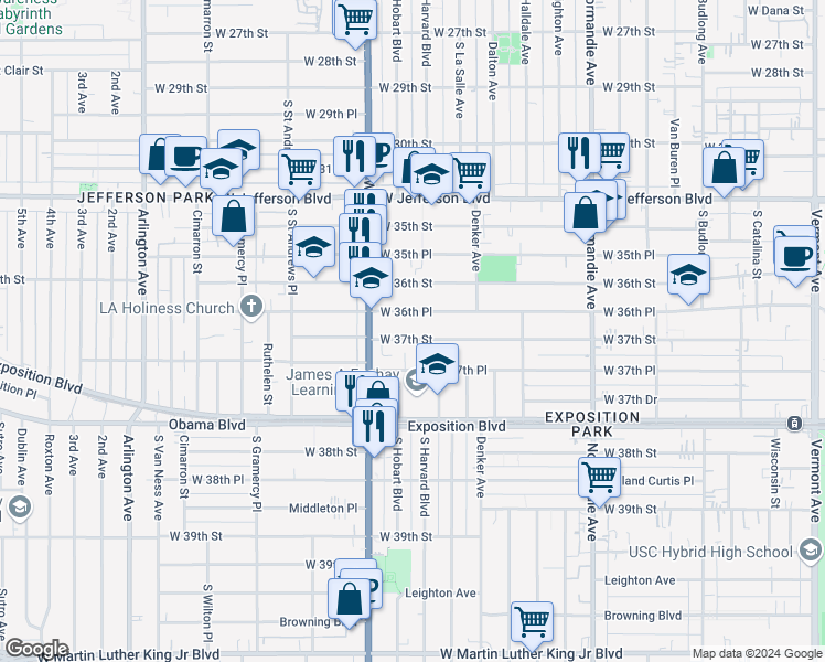 map of restaurants, bars, coffee shops, grocery stores, and more near 1637 West 37th Street in Los Angeles