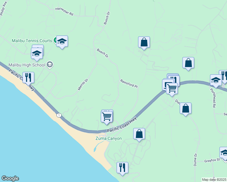 map of restaurants, bars, coffee shops, grocery stores, and more near 6245 Busch Drive in Malibu