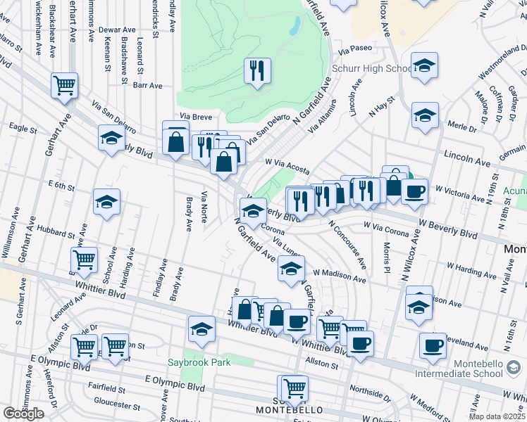 map of restaurants, bars, coffee shops, grocery stores, and more near 2641 West Beverly Boulevard in Montebello