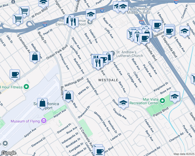 map of restaurants, bars, coffee shops, grocery stores, and more near 3010 Stoner Avenue in Los Angeles