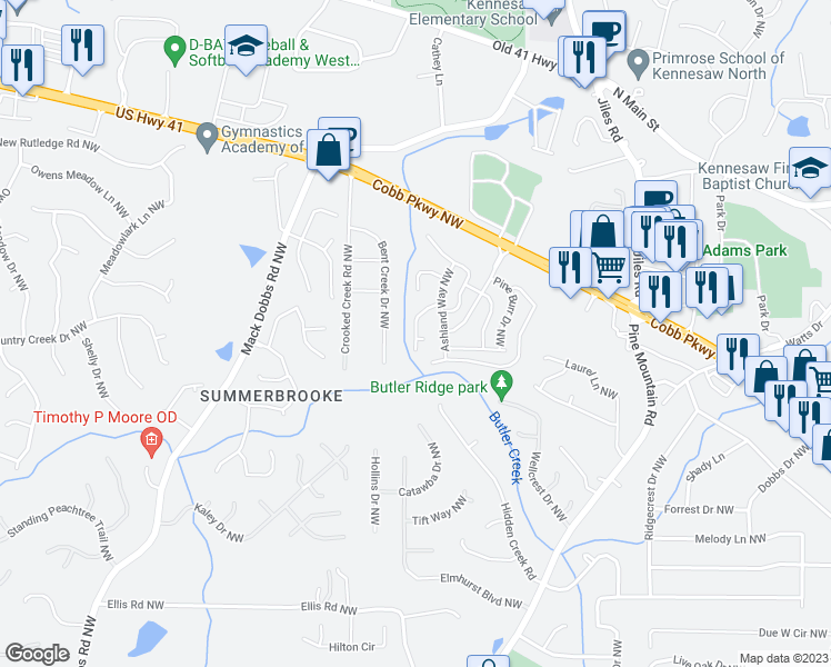 map of restaurants, bars, coffee shops, grocery stores, and more near 63 Elm Court Northwest in Kennesaw