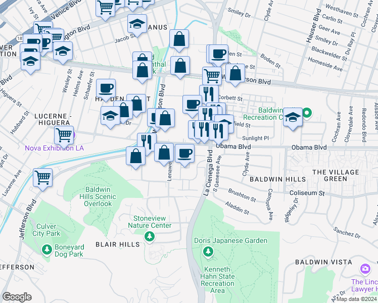 map of restaurants, bars, coffee shops, grocery stores, and more near 3604 Kalsman Drive in Los Angeles