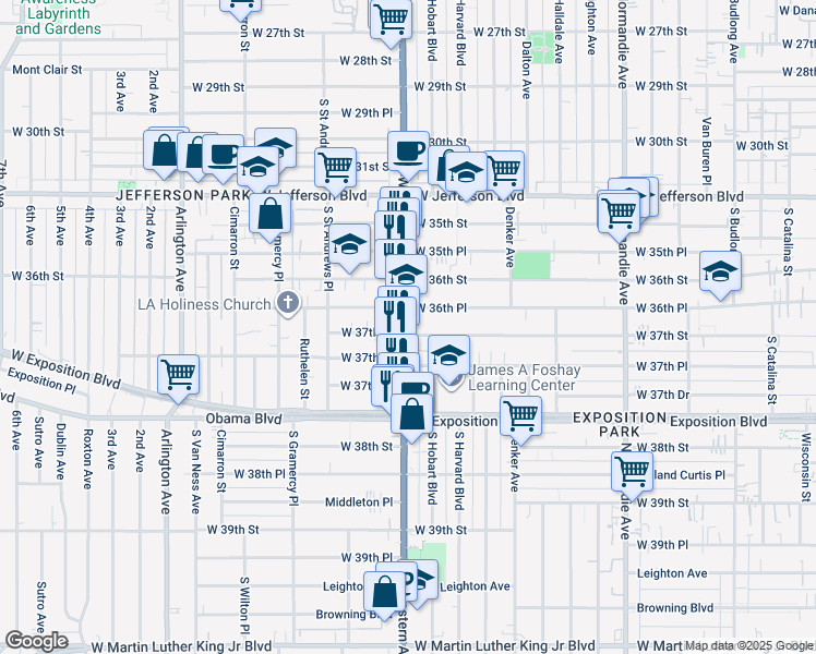 map of restaurants, bars, coffee shops, grocery stores, and more near 3678 Western Avenue in Los Angeles