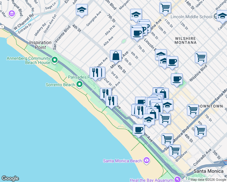 map of restaurants, bars, coffee shops, grocery stores, and more near 911 2nd Street in Santa Monica