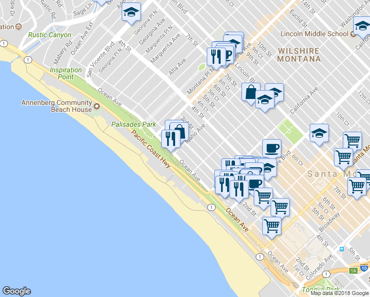 map of restaurants, bars, coffee shops, grocery stores, and more near 124 Idaho Avenue in Santa Monica