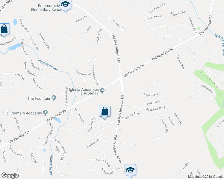 map of restaurants, bars, coffee shops, grocery stores, and more near 2220 Old Fountain Road in Lawrenceville