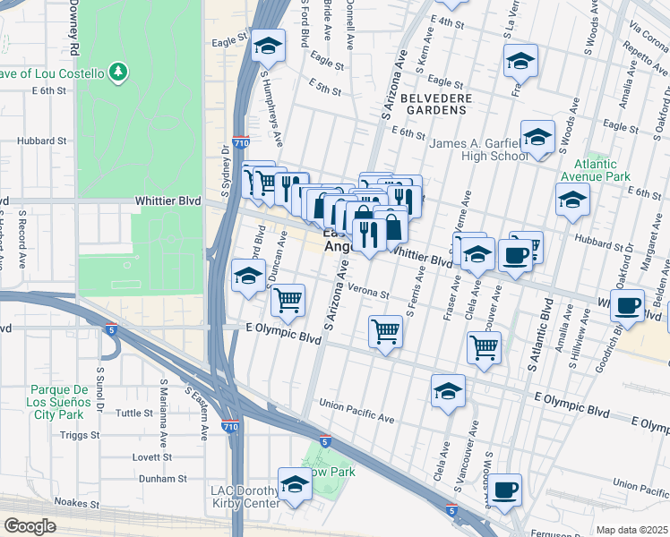 map of restaurants, bars, coffee shops, grocery stores, and more near South Arizona Avenue in East Los Angeles