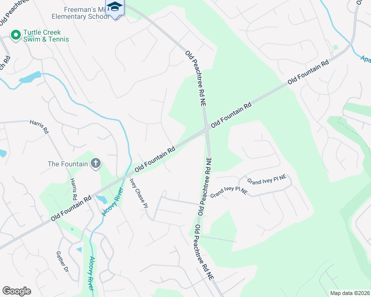 map of restaurants, bars, coffee shops, grocery stores, and more near 2220 Old Fountain Road in Lawrenceville